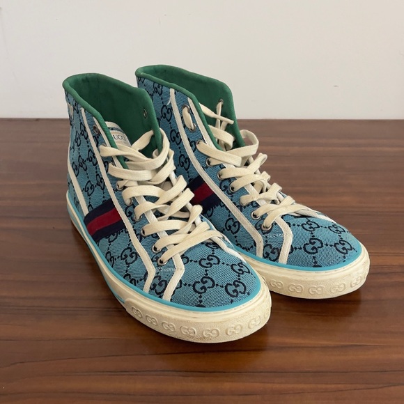 Gucci Tennis 1977 High Top Sneakers Turquoise Navy Logo Monogram - Picture 1 of 7
